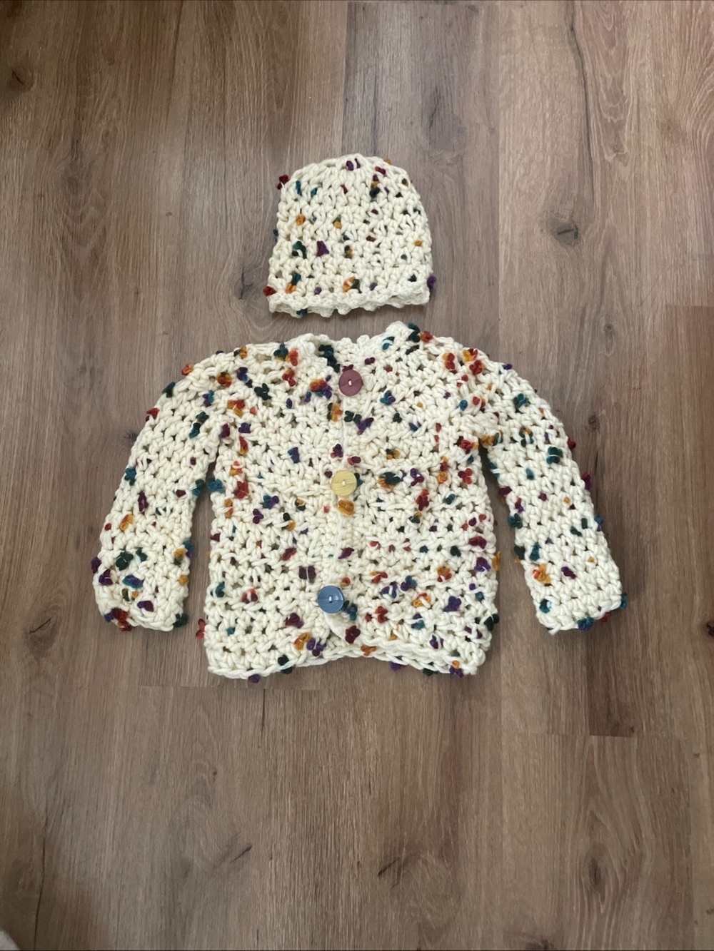 Handmade Cream Crochet Baby Sweater & Hat with Colorful Speckles
